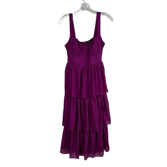 Lulus Tier for the Drama Magenta Purple Lurex Tiered Midi Dress - Picture 9 of 15